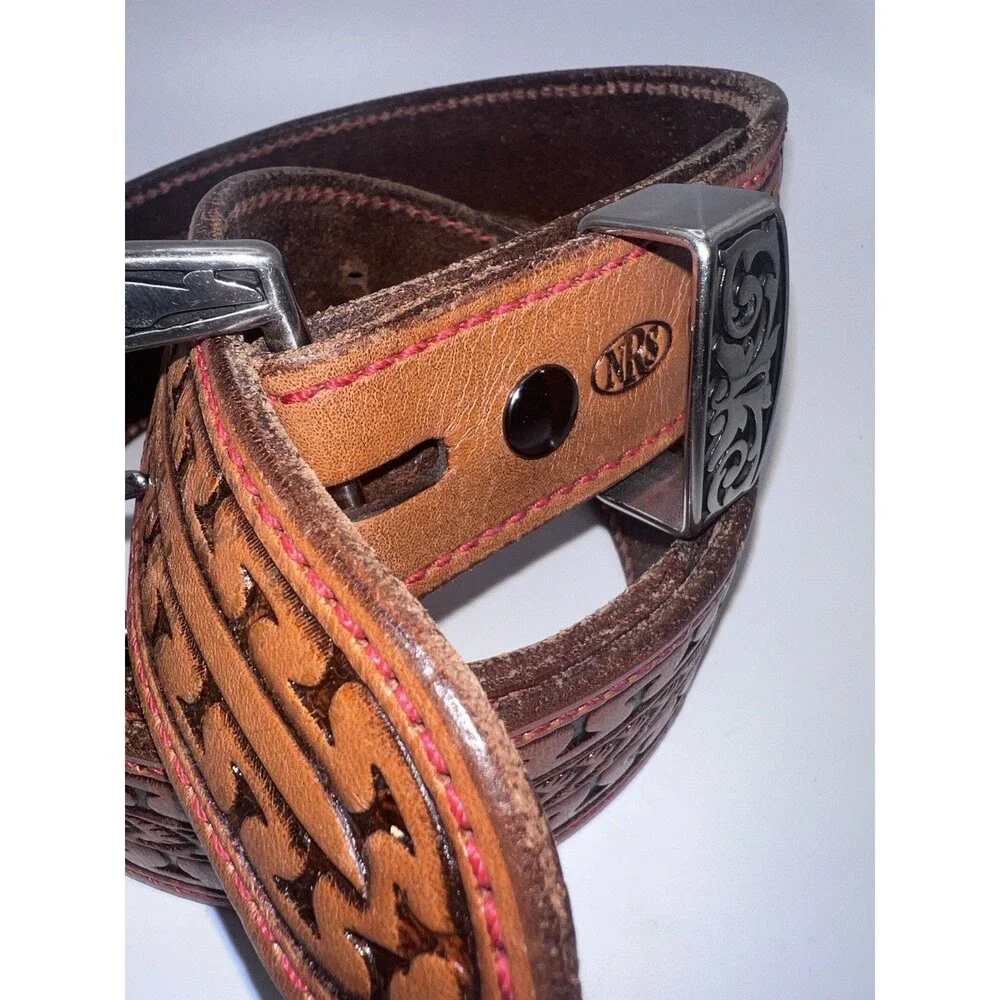 Tandy Tooled Mens Leather Belt Sz 44 Western Brown Floral Silver Tone Rodeo